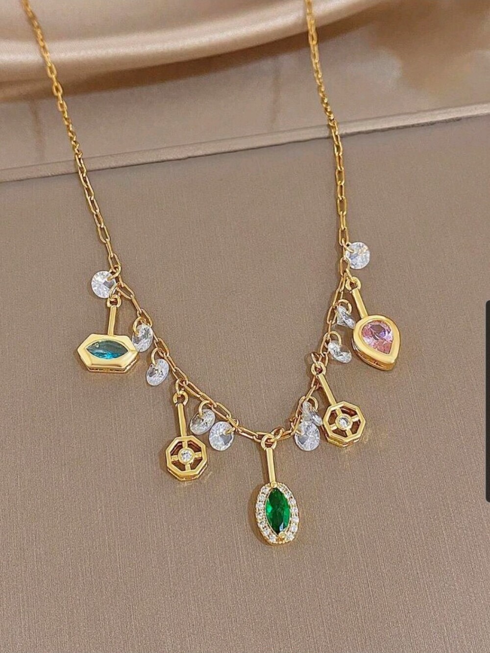 BRAND NEW *Gold-Tone Multicolor Charm Pendant Necklace with Green & Pink Accents